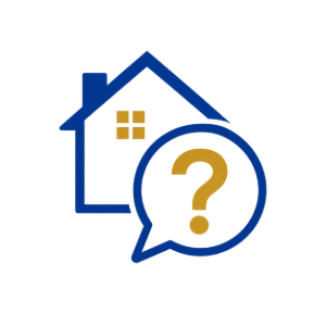 Blue house icon with yellow windows and a speech bubble containing a question mark