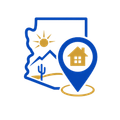 Arizona map with desert sun and cactus, blue location pin over a house icon