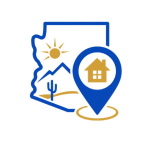 Arizona map with desert sun and cactus, blue location pin over a house icon