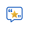 Blue chat bubble with a gold star and quotation marks inside
