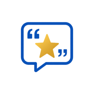 Blue chat bubble with a gold star and quotation marks inside