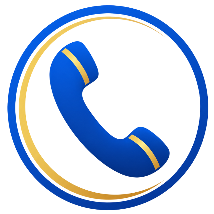 Blue phone handset icon inside a blue and gold circular border on a white background