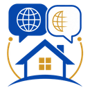 Blue and gold home icon with globe speech bubbles above, suggesting multilingual housing support