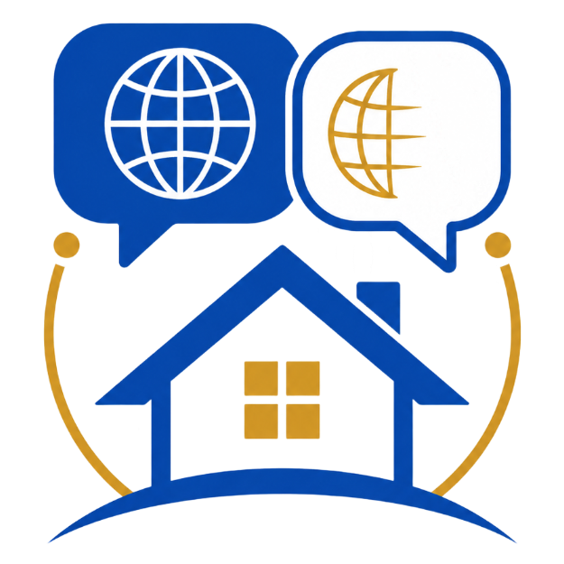 Blue and gold home icon with globe speech bubbles above, suggesting multilingual housing support