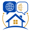 Blue and gold house logo with two speech bubbles showing globe icons above it