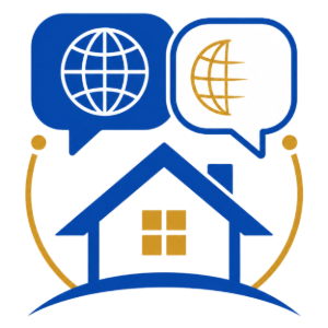 Blue and gold house logo with two speech bubbles showing globe icons above it
