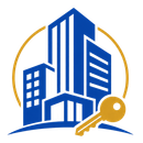 Blue city buildings inside a gold circle with a gold key, suggesting real estate or property security