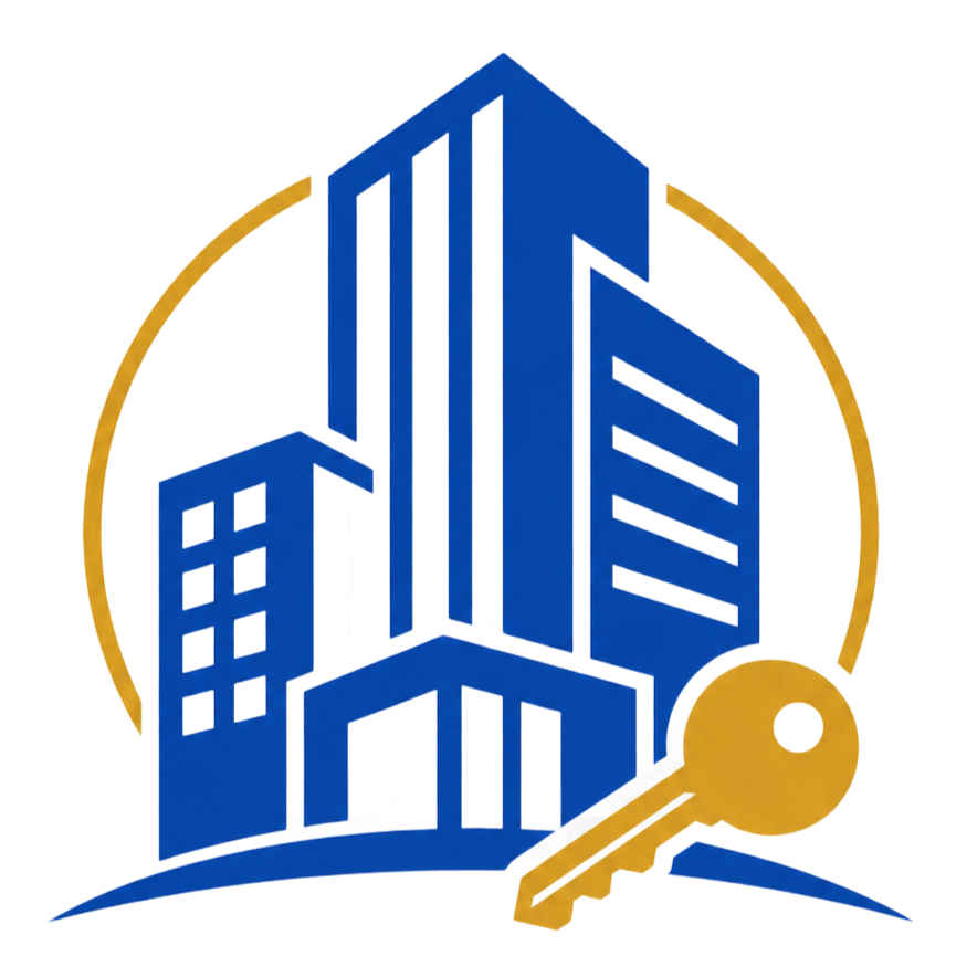 Blue city buildings inside a gold circle with a gold key, suggesting real estate or property security