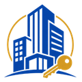 Blue building and gold key logo inside a gold circle