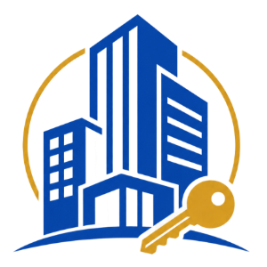 Blue building and gold key logo inside a gold circle