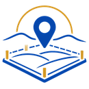 Blue map pin over a folded map with gold accents and a gold arc above it