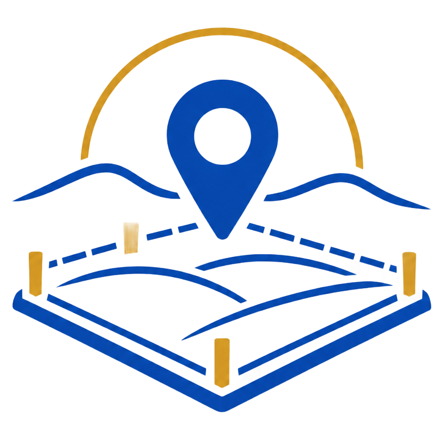 Blue map pin over a folded map with gold accents and a gold arc above it
