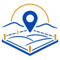 Blue location pin over a stylized map with gold and blue lines and a gold arc above