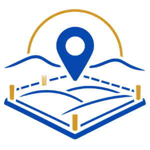 Blue location pin over a stylized map with gold and blue lines and a gold arc above