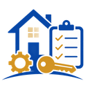 Blue house with clipboard checklist, gear, and key icon in gold and blue