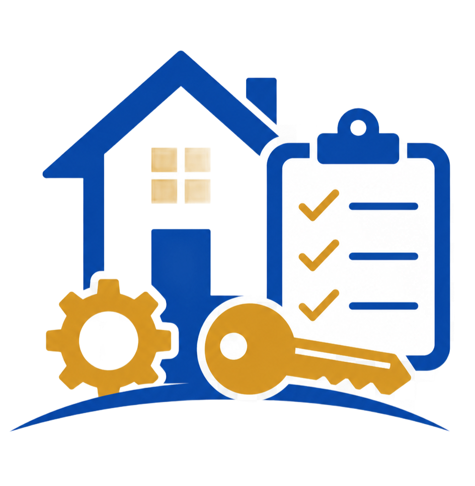Blue house with clipboard checklist, gear, and key icon in gold and blue