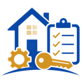 Blue house, clipboard checklist, and gold gear and key, suggesting home services or maintenance.