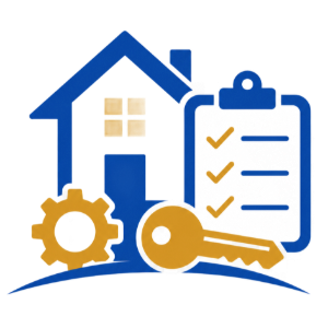 Blue house, clipboard checklist, and gold gear and key, suggesting home services or maintenance.