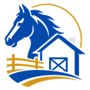 Blue horse head with barn, fence, and curved gold and blue lines in a farm logo.