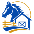 Blue horse head and barn logo with gold fence and arc on white background