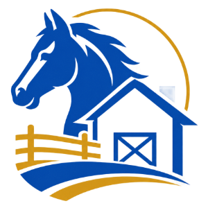 Blue horse head and barn logo with gold fence and arc on white background