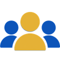 Blue and yellow group icon showing one central person with two smaller people on each side