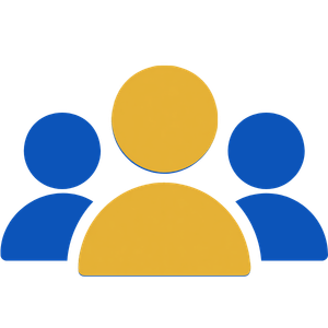 Blue and yellow group icon showing one central person with two smaller people on each side