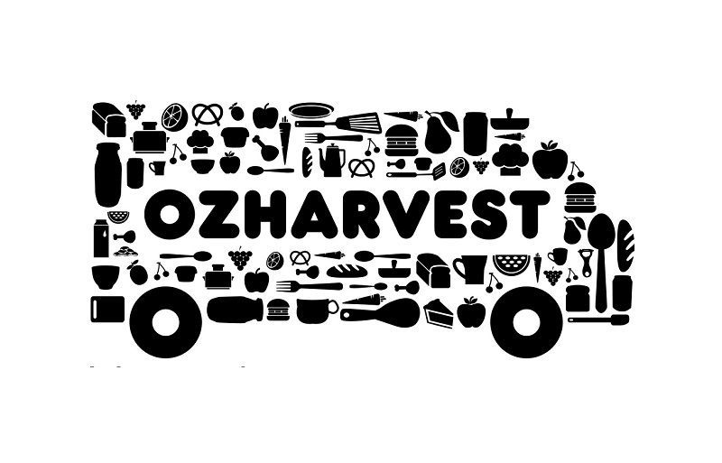 A black and white logo for ozharvest , a food festival.