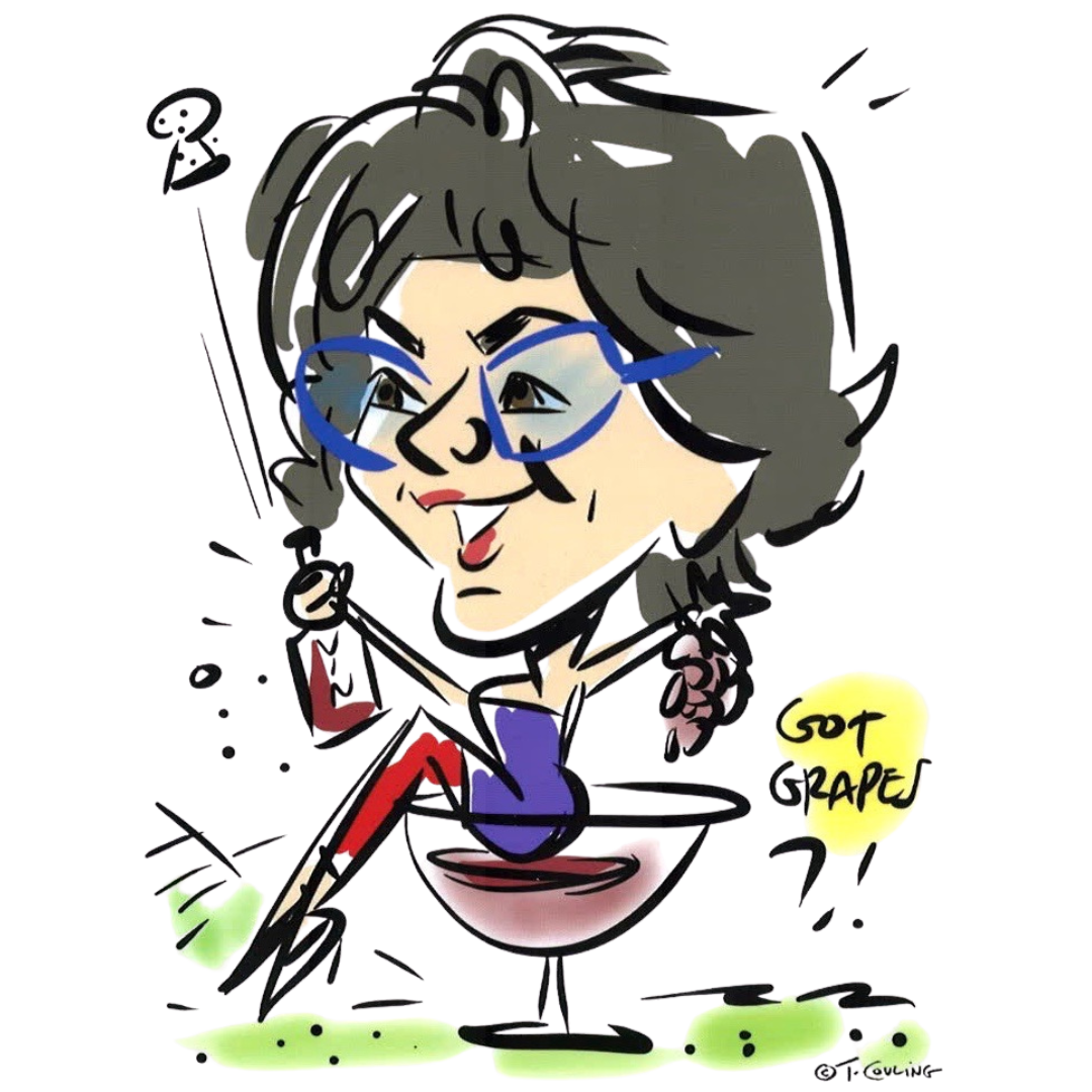 Caricature of a woman in a wine glass, holding grapes and a wine bottle, with the words 