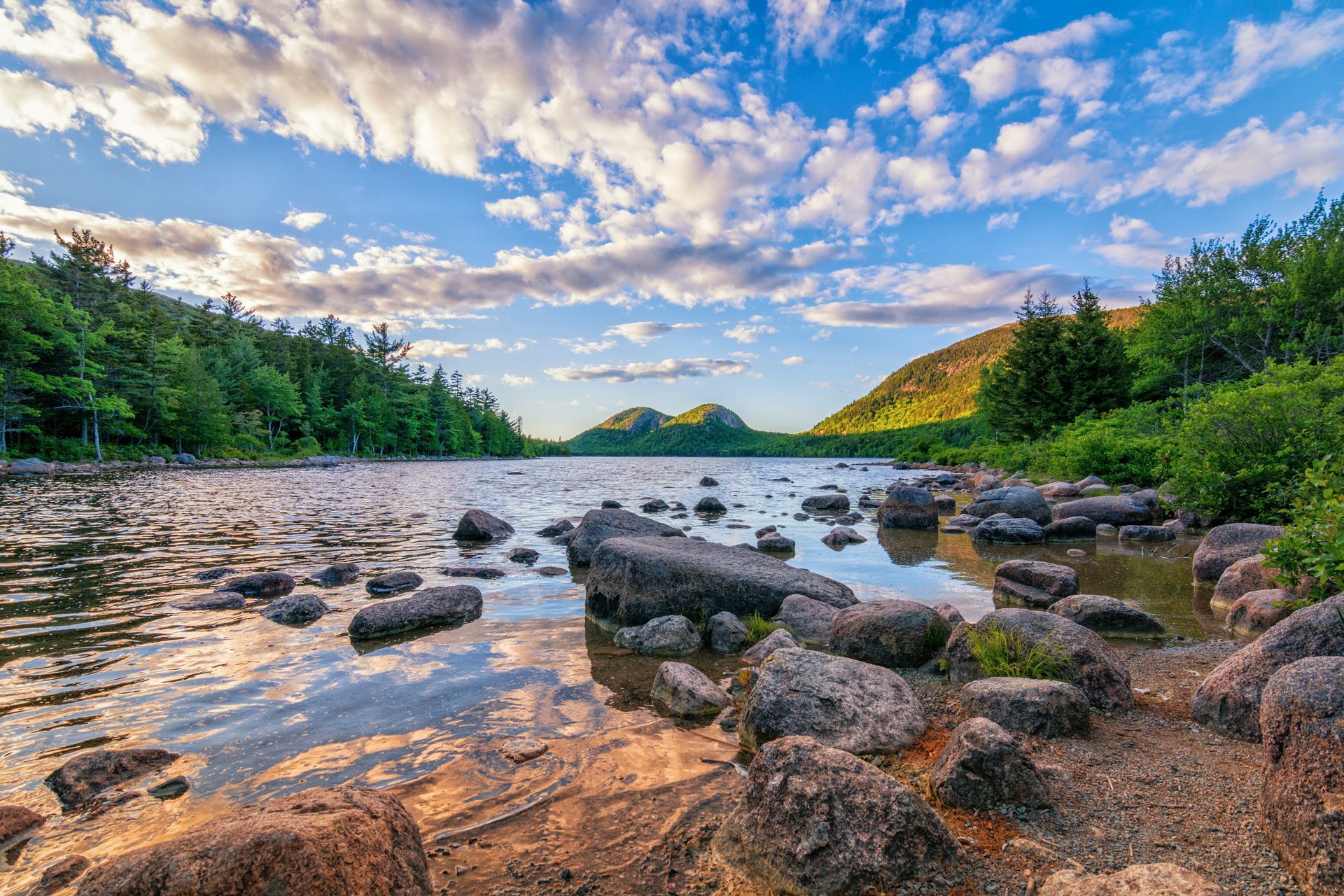 Rocky lake shore with trees and mountains under a partly cloudy sky.