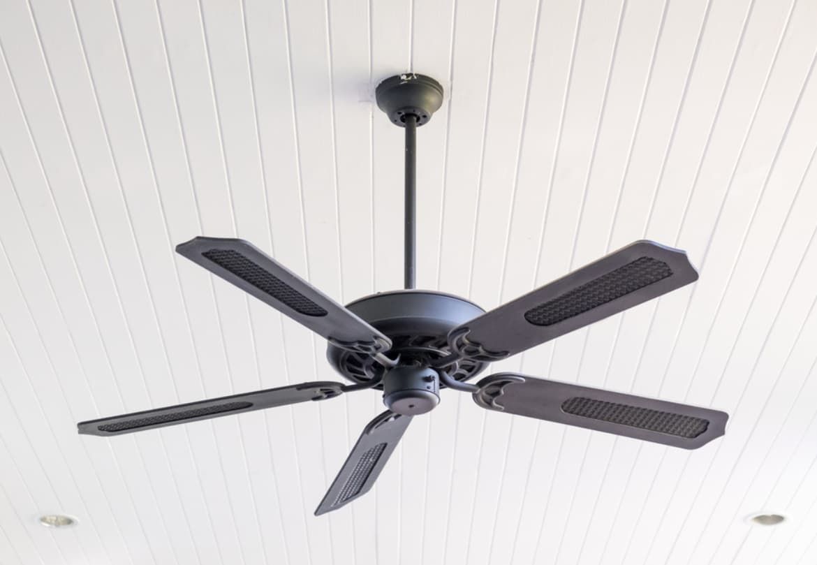 A Black Ceiling Fan Is Hanging From The Ceiling Of A Room —Mozzlec Electrical & Airconditioning In Urangan, QLD