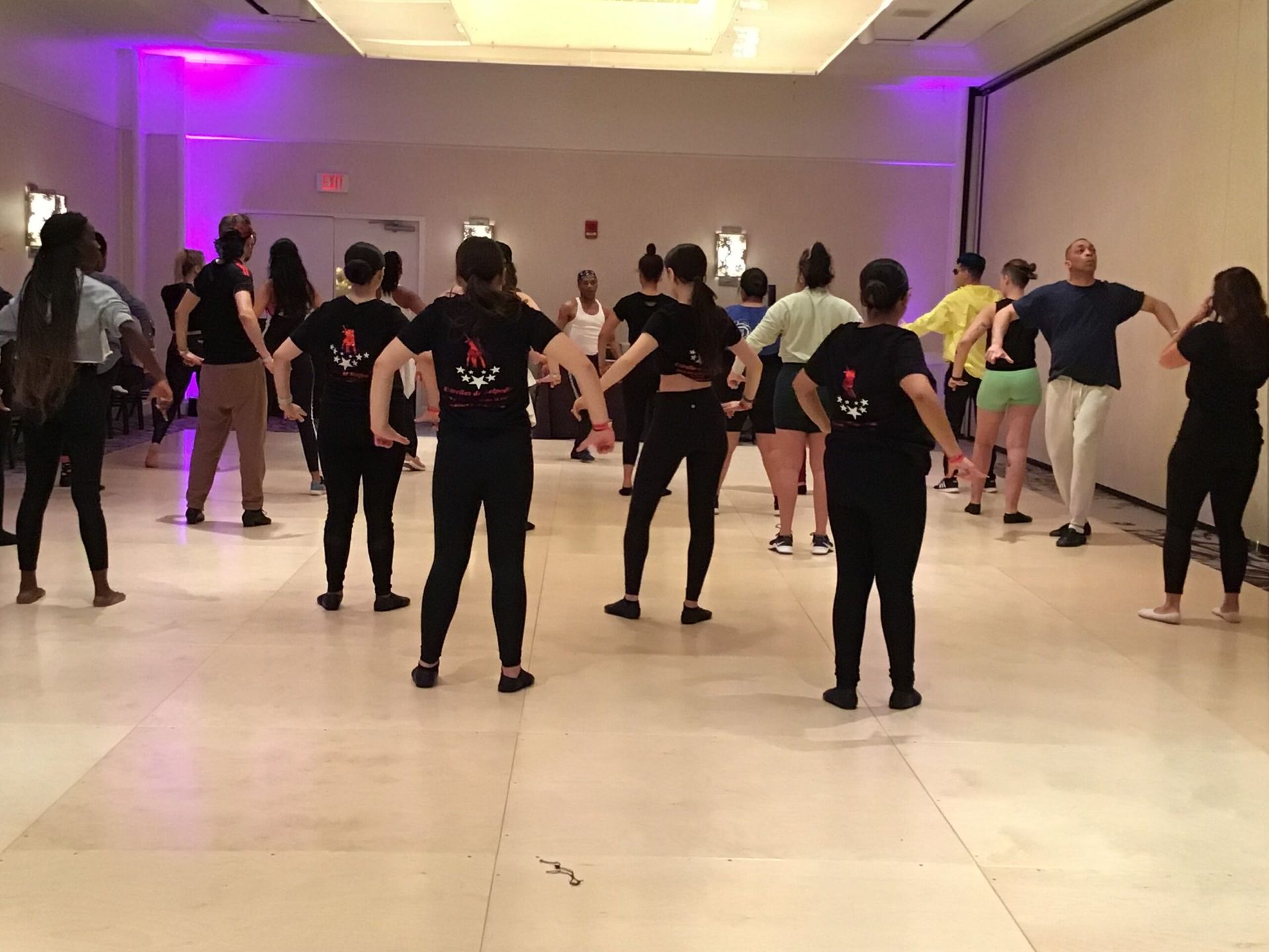 A group of people are dancing in a dance studio.