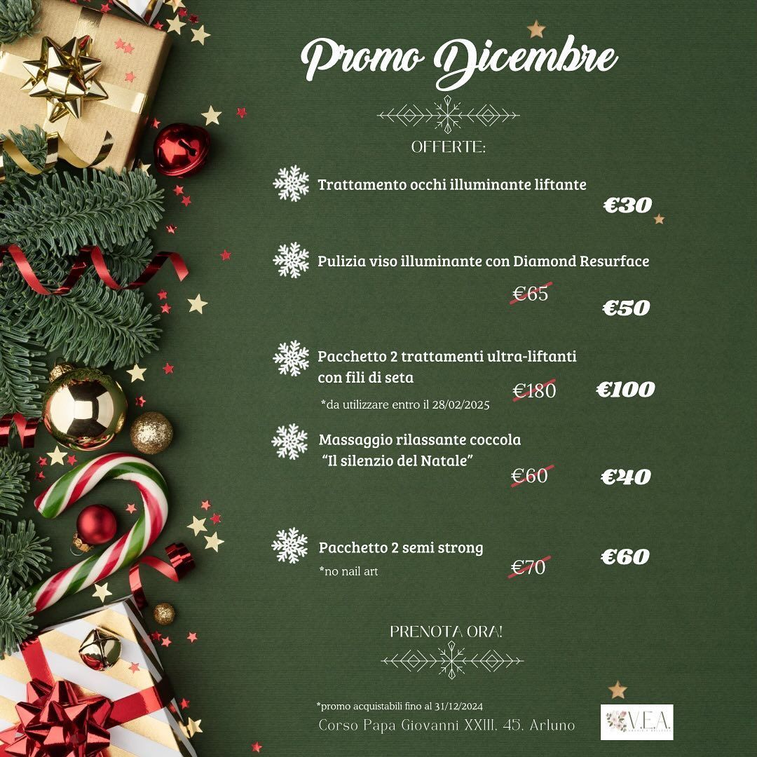 Manifesto festivo verde “Promo Dicembre” con decorazioni natalizie e un elenco di offerte speciali con i relativi prezzi.