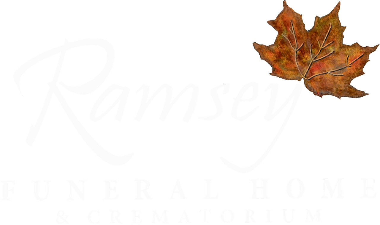 Ramsey Funeral Home logo with a fall leaf.