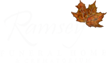 Ramsey Funeral Home logo with a fall leaf.
