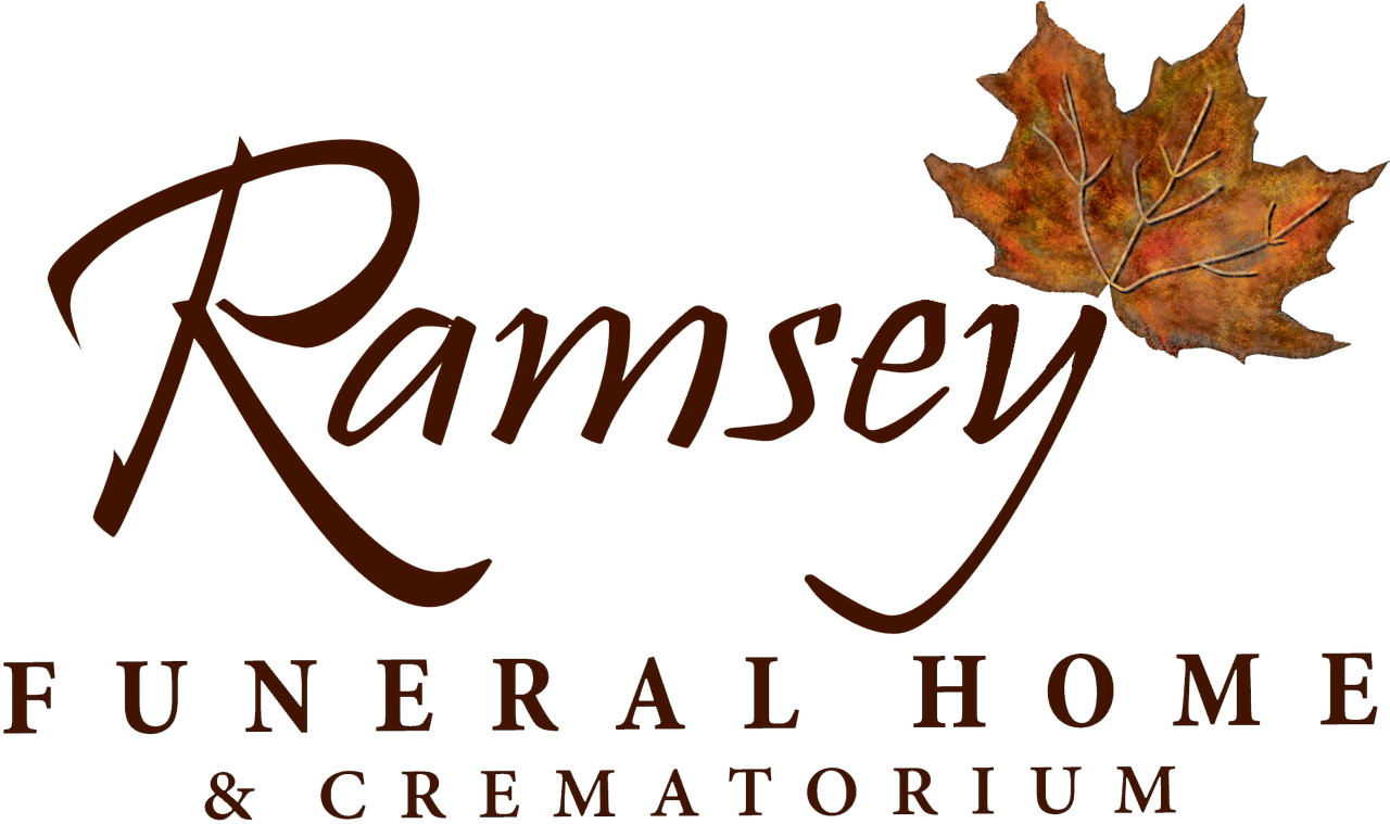 Ramsey Funeral Home & Crematorium logo with brown script text and a maple leaf.