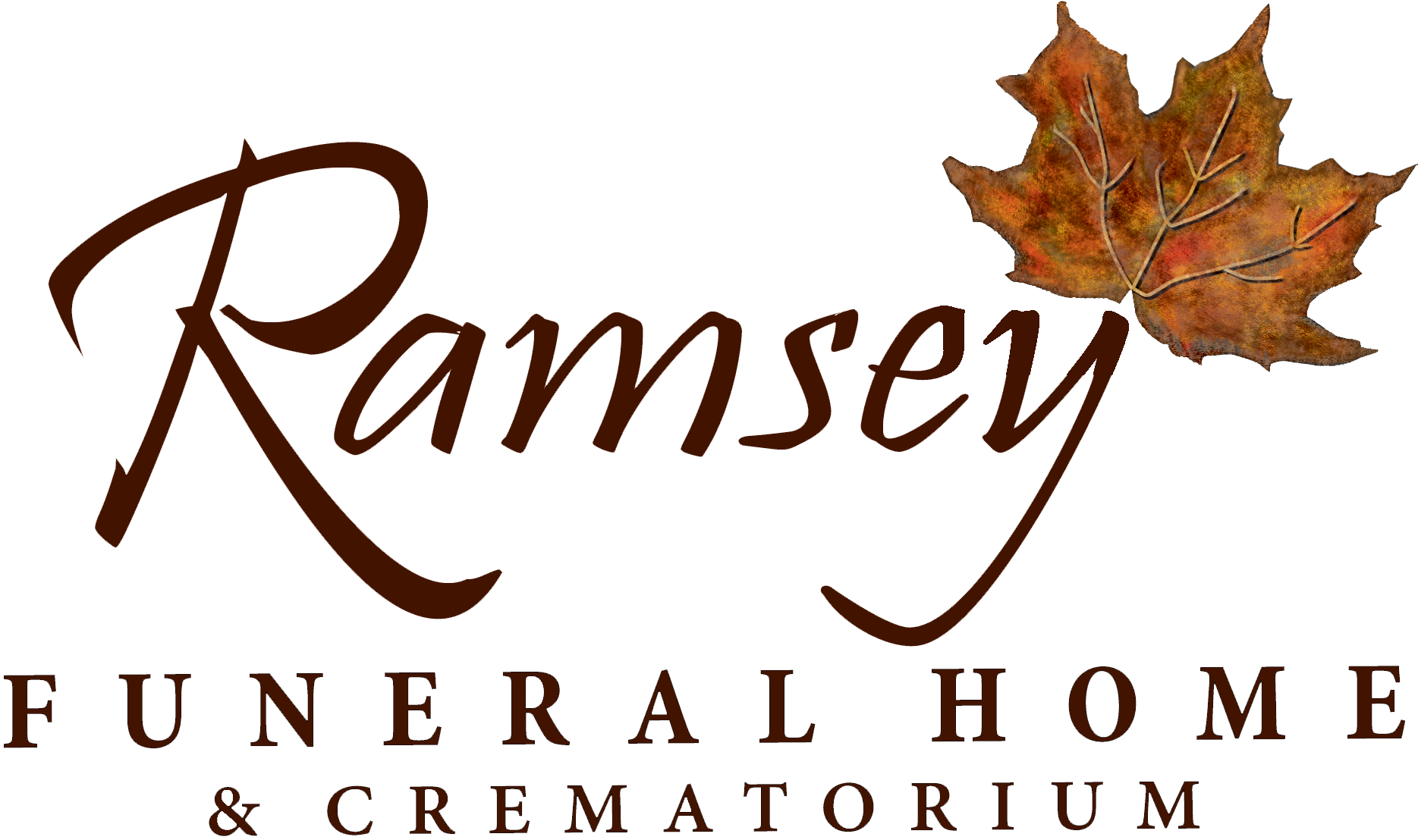 Ramsey Funeral Home & Crematorium logo with brown script text and a maple leaf.