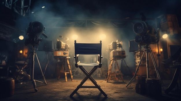 There is a director 's chair in the middle of a dark room.