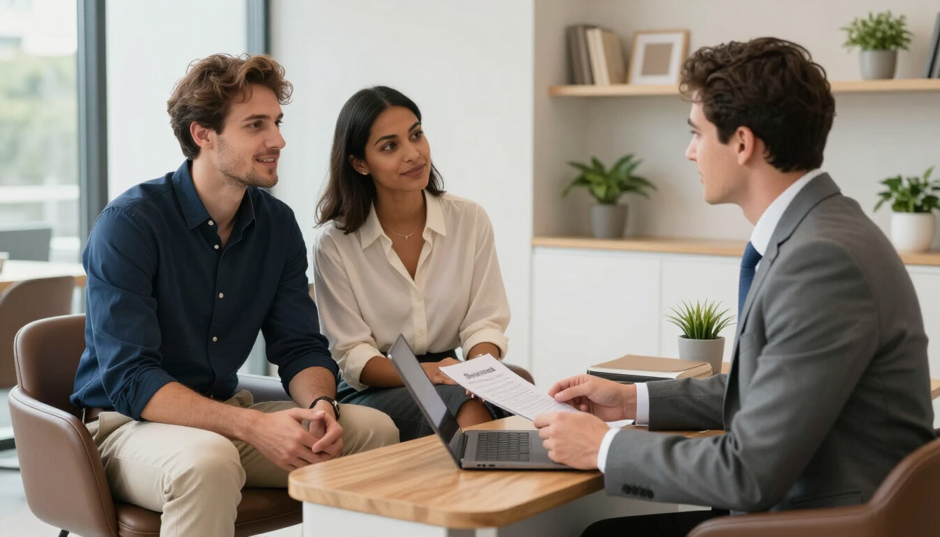 Three people in a meeting, one taking notes, in a bright office with shelves and plants.