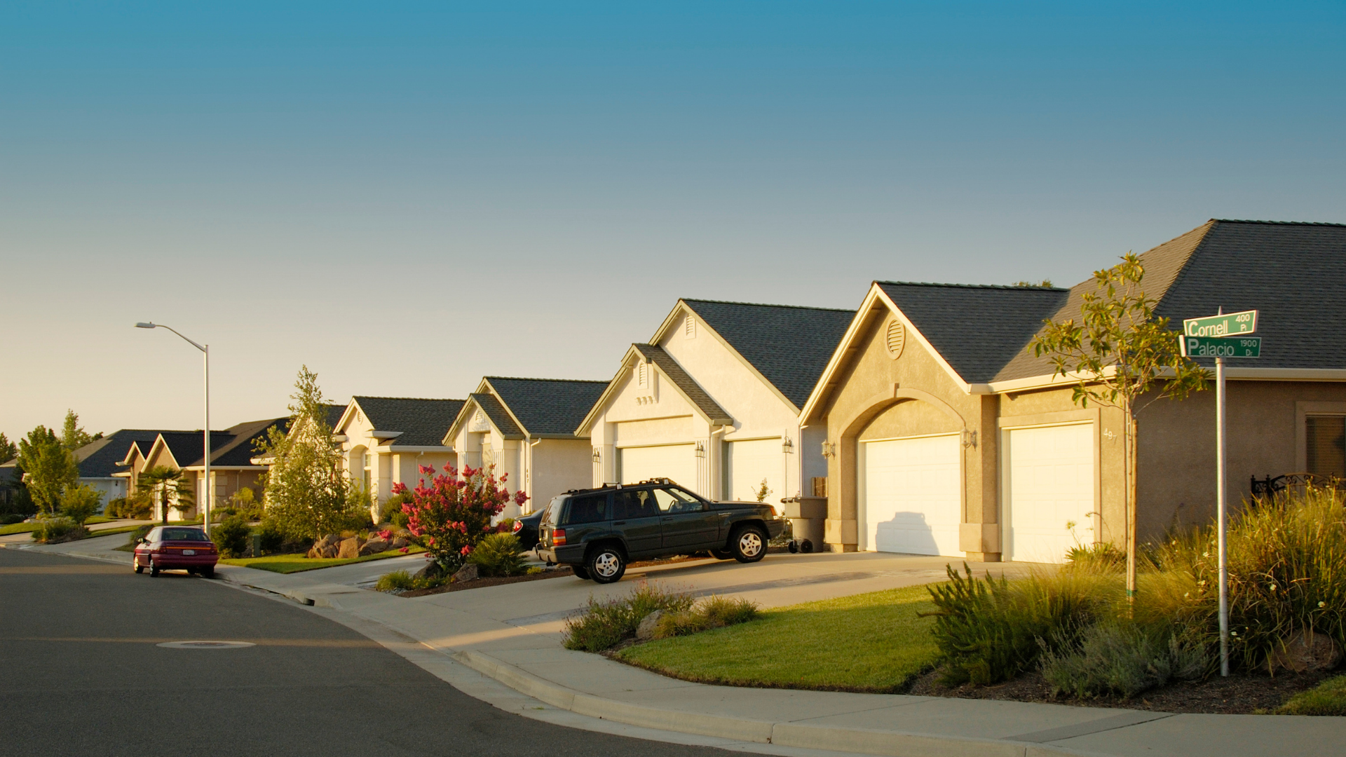 Suburban street with row of houses, parked cars, and warm evening sunlight