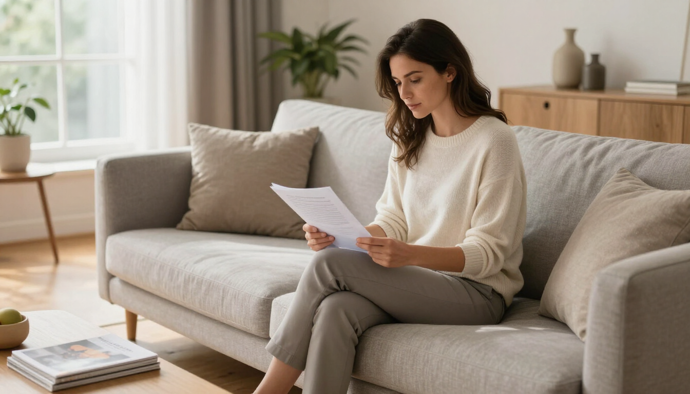 Woman reading a letter on a beige sofa in a bright living room