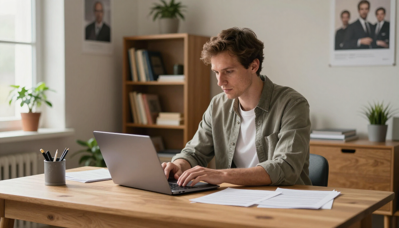 Person working on a laptop at a wooden desk in a bright office with shelves and plants