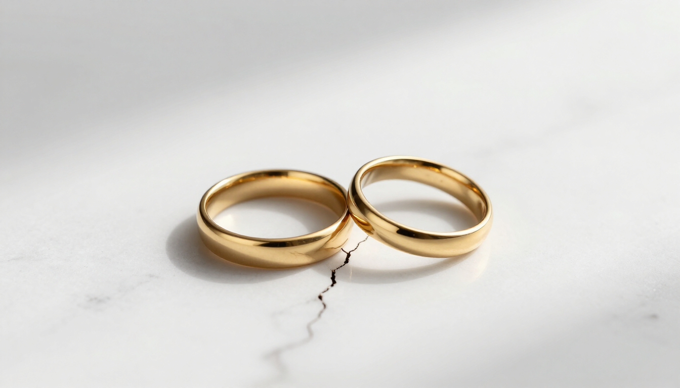 Two gold wedding rings on a white marble surface.