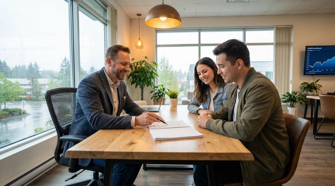 Three colleagues reviewing documents at a wooden table in a bright office overlooking a rainy landscape