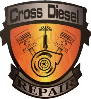 A logo for cross diesel repair with pistons and a turbo