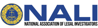 Logo for the National Association of Legal Investigators. Blue text and emblem with scales.