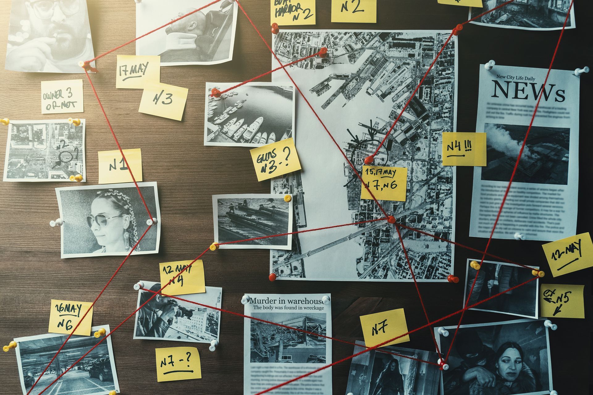 Investigation board with photos, notes, and red string connecting clues.