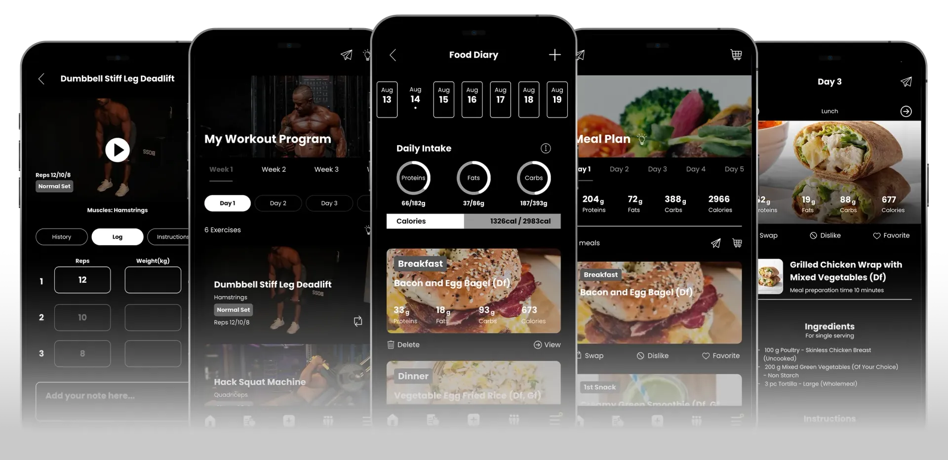 Dark-themed mobile app screens showing a meal and workout interface with recipes and dish photos