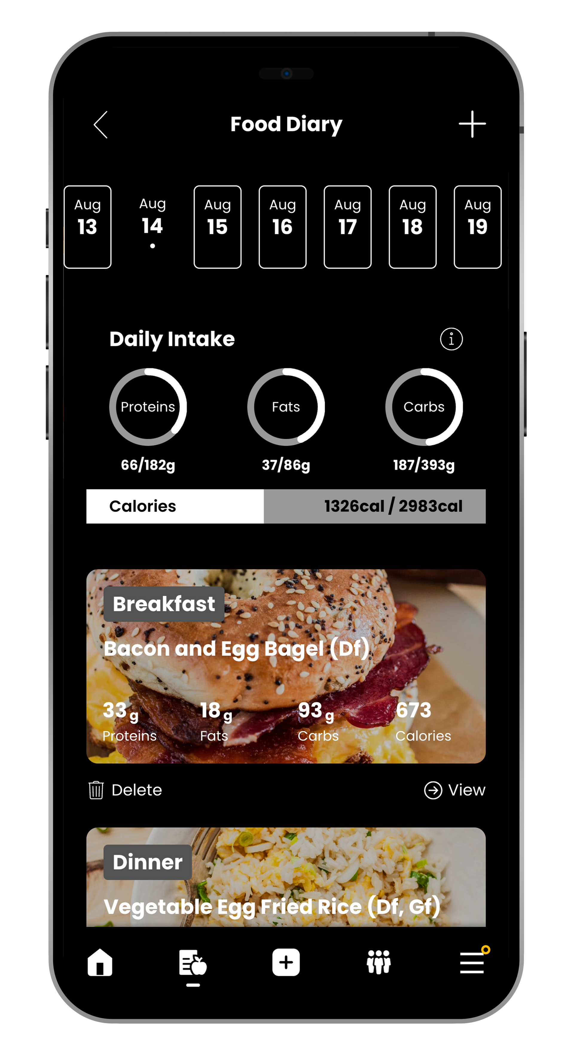Dark-themed food diary app screen with calendar, sleep meters, and meal cards for breakfast and dinner