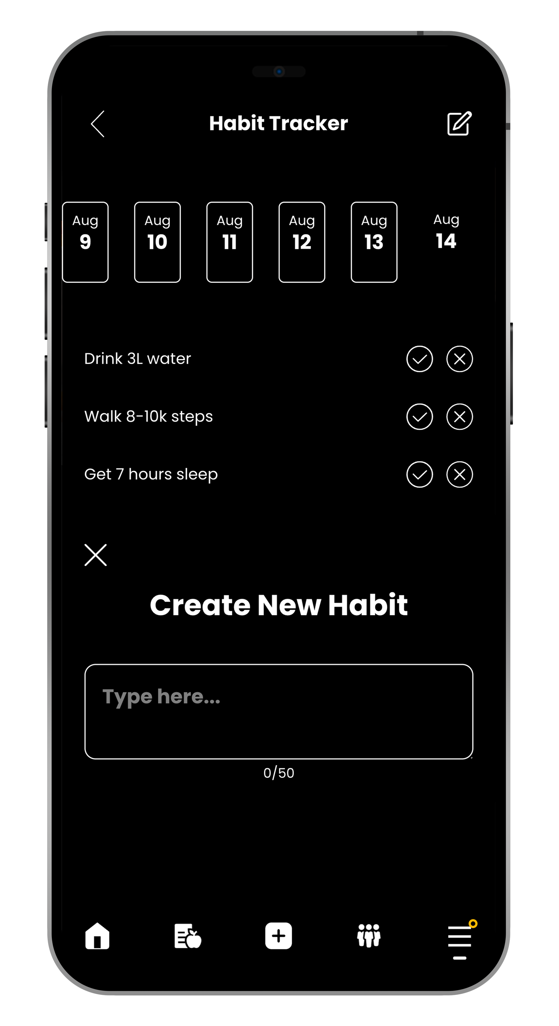 Dark habit-tracker app screen with calendar, “Create New Habit” form, and bottom navigation icons
